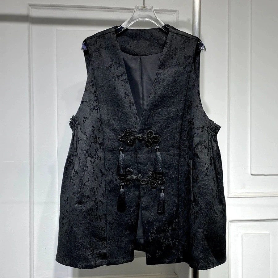 2024原创春季国潮新款国风复古背心坎肩提花马甲唐装中式盘扣上衣