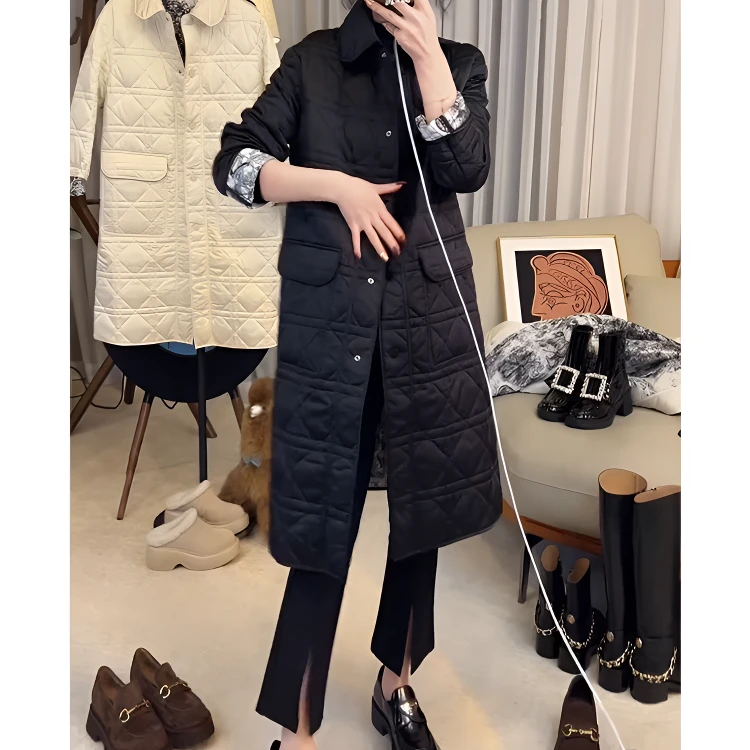 2024新款大码百搭棉服保暖菱格拼接时尚冬季外套中长款显瘦棉衣女