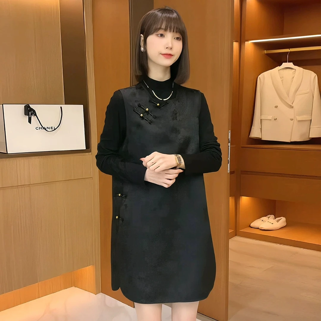 洋气高级外穿连衣裙立领春季2024纯色气质新款盘扣显瘦可爱简约
