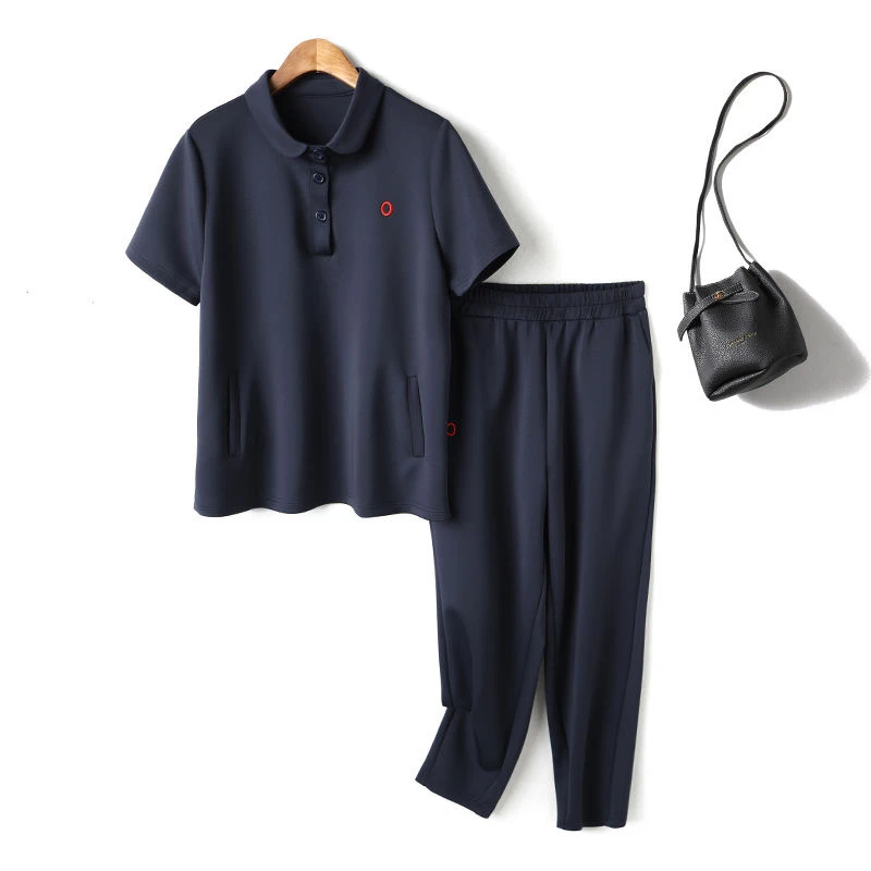 夏季中年短袖t袖搭配9分裤空气棉女士两件套休闲套装遮肉年轻时尚