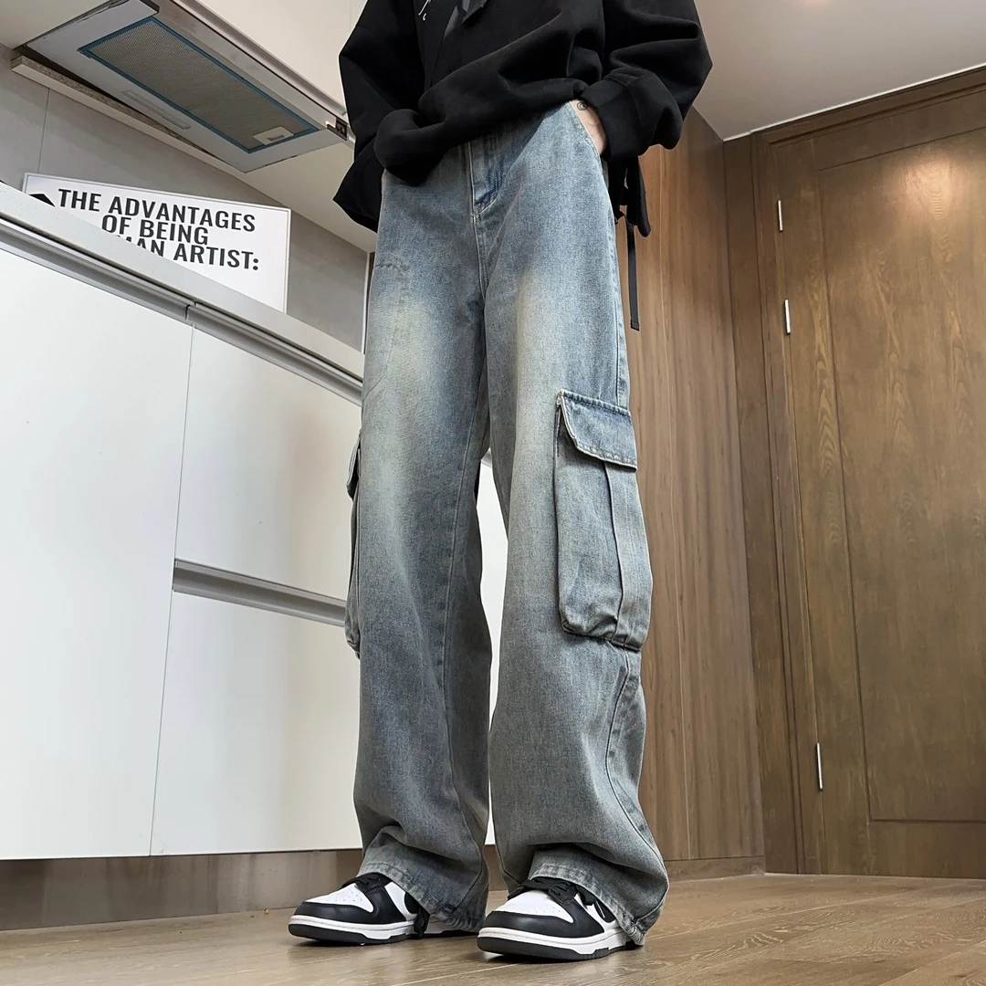 秋季新款潮流水洗大口袋设计感牛仔裤男女同款oversize百搭休闲裤