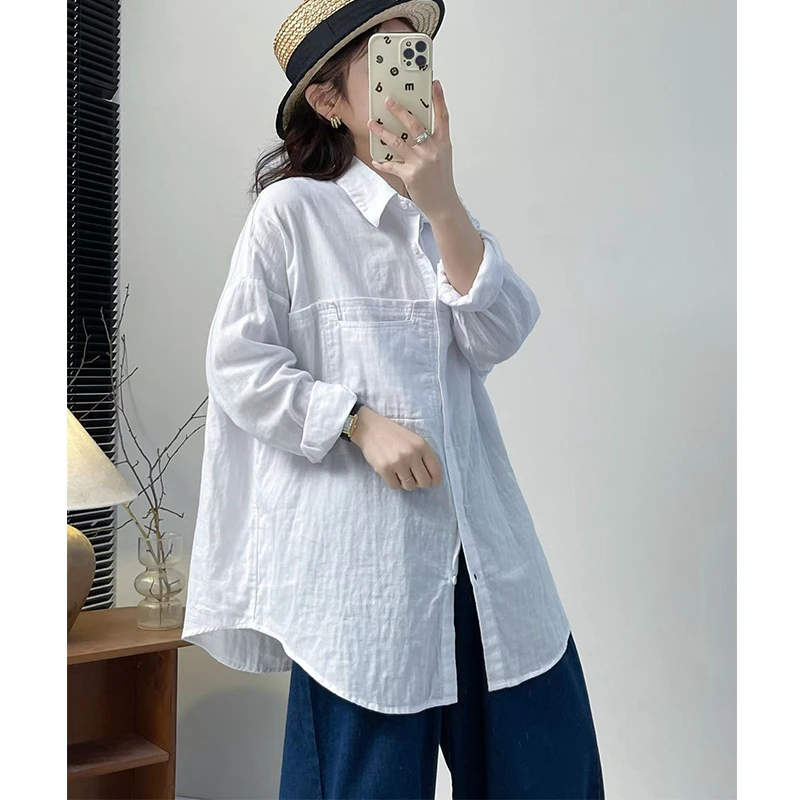 【婷婷女装】欧韩版宽松大版特色毛边设计感百搭双纱婴儿棉衬衫