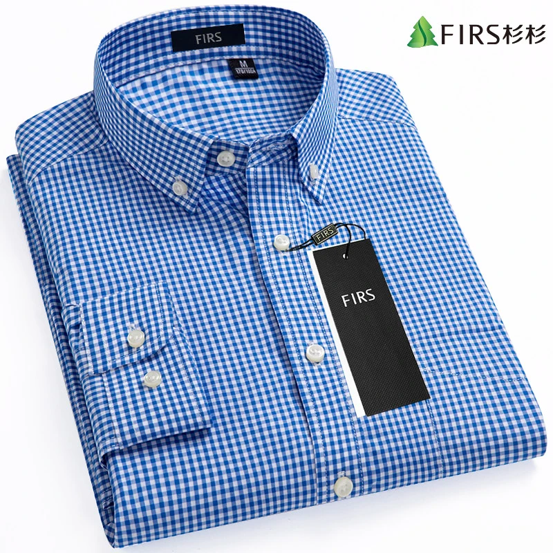 杉杉品质春装100%纯棉蓝色小格子衬衫男长袖韩版商务休闲高档衬衣