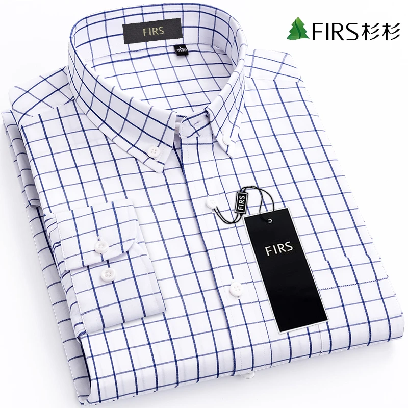 杉杉纯棉白色格子长袖衬衫男款高端轻奢休闲衬衣修身抗皱商务男装