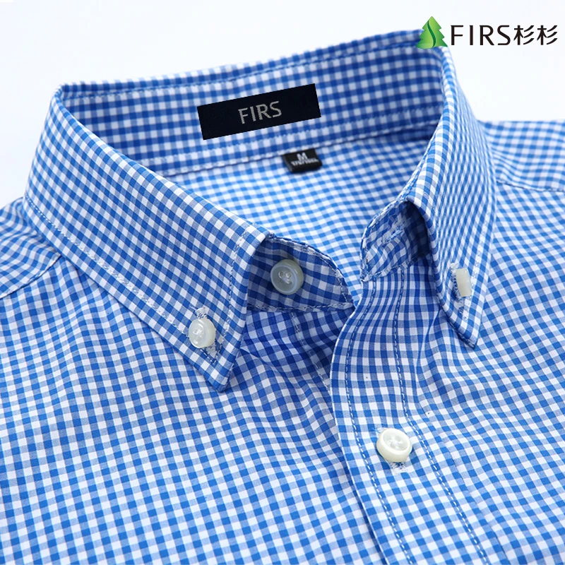 杉杉纯棉蓝色小格子长袖衬衫男款高端商务男装红色格纹休闲衬衣男
