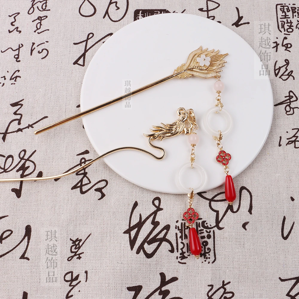 国风马面裙头饰新年红色流苏发簪古风凤羽簪子日常盘发汉服配饰