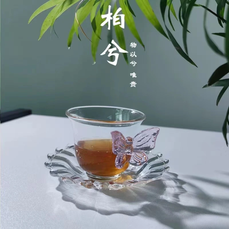 创意家用蝴蝶茶杯带杯垫泡茶专用玻璃杯透明水杯单层耐高温水杯子