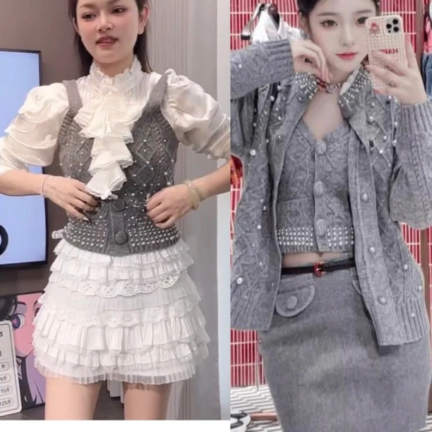 辰辰木子店秋冬新款灰色重工订珠吊带半裙短外套