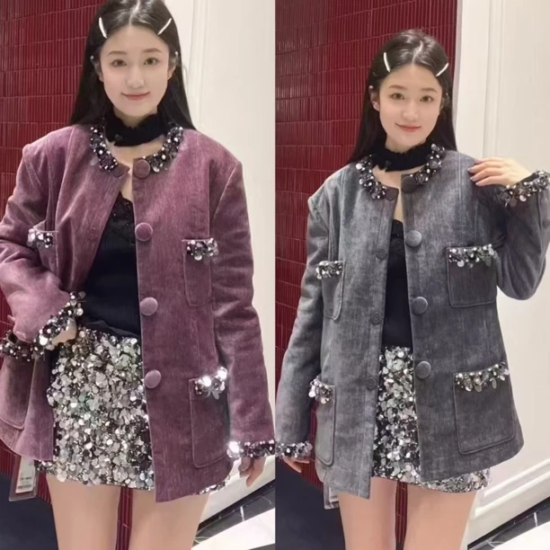 辰辰服饰木子店老钱风高级感深灰色重工钉珠外套半裙