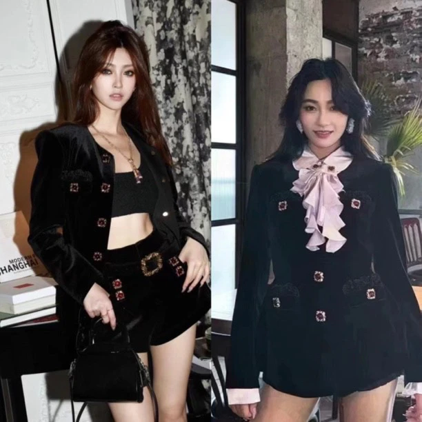 辰辰服饰木子店新款丝绒刺绣短外套短裤