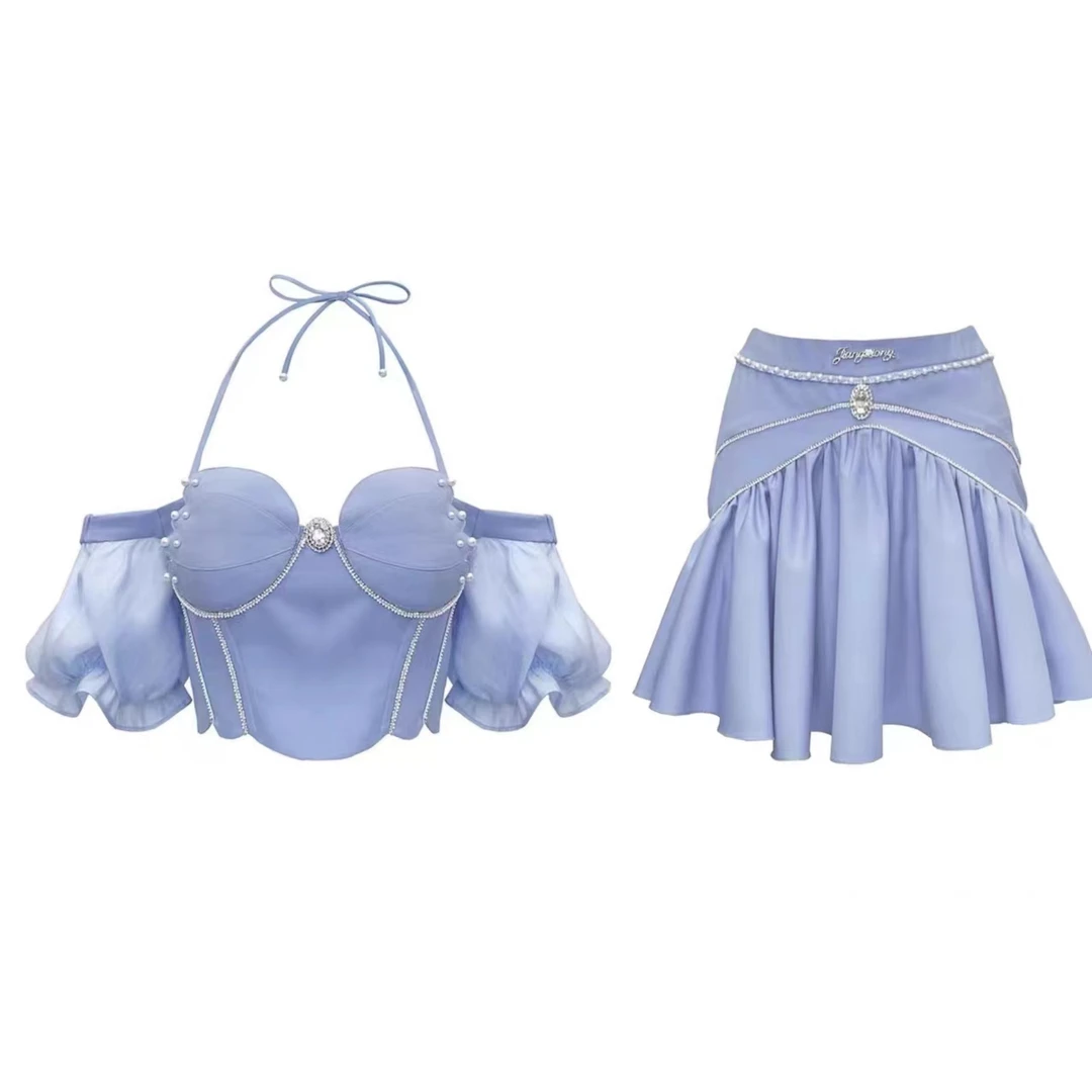 辰辰服饰木子店夏季蓝色钉珠泡泡袖半裙短外套