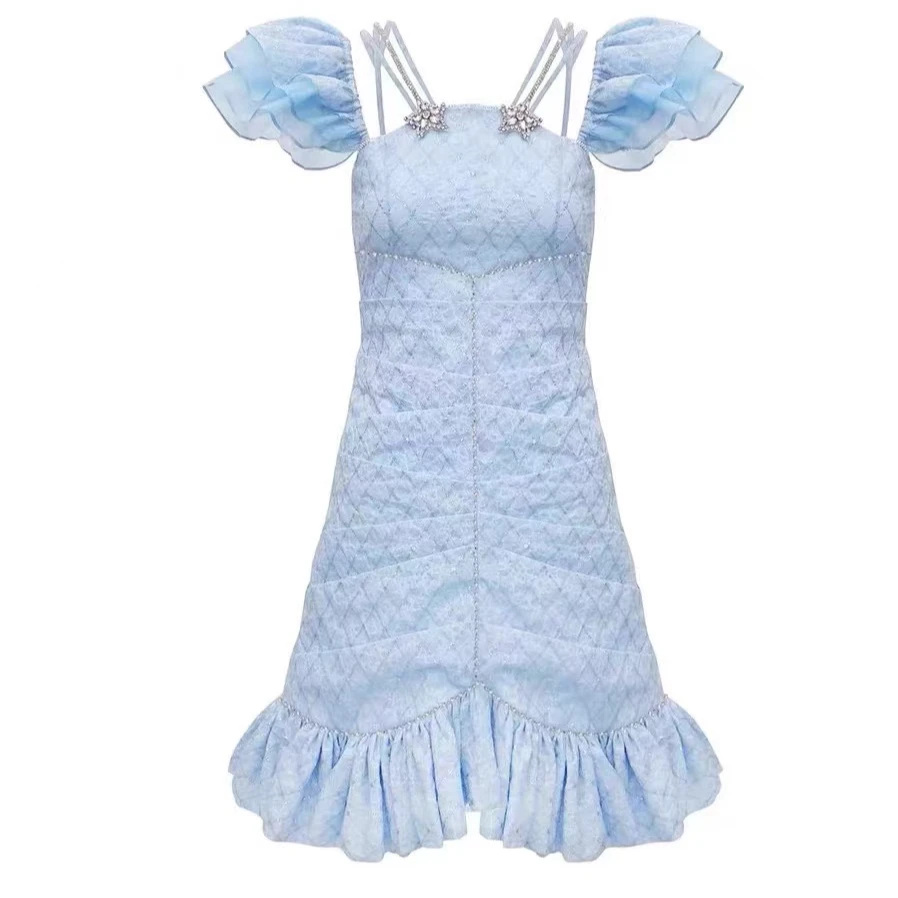 辰辰 2024夏季蓝色泡泡袖连衣裙