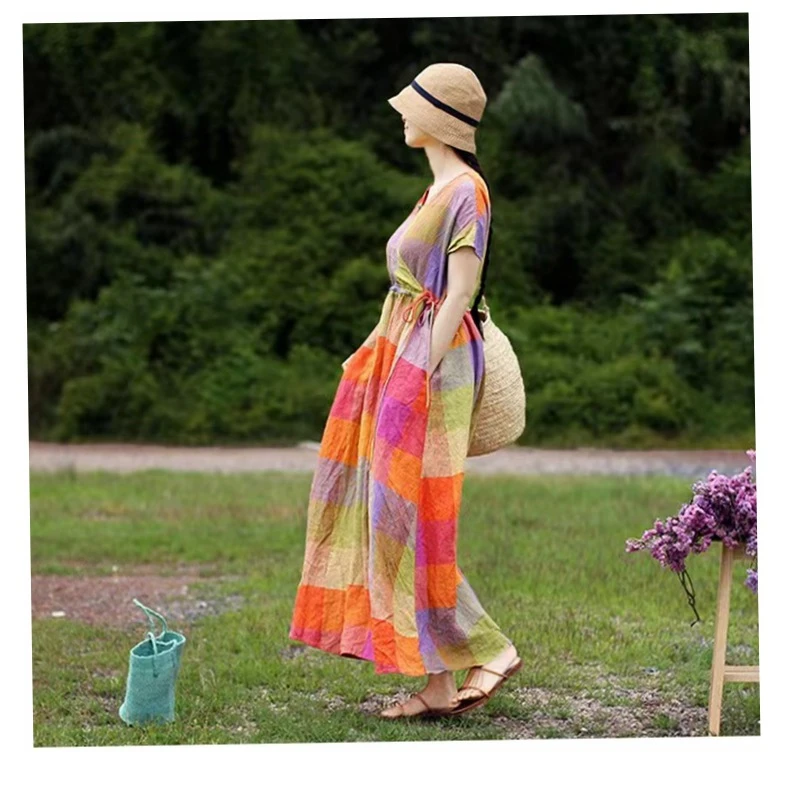 aka1679-8 春夏纯亚麻多彩色织格子袍子斜门襟宽松高档方格连衣裙