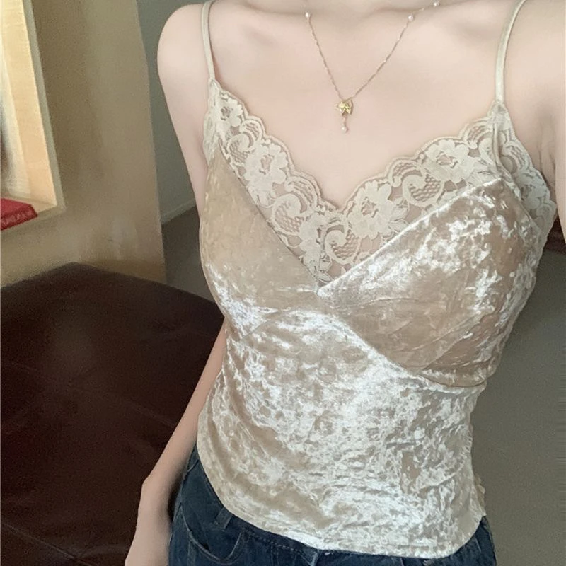 秋冬内搭纯欲风性感蕾丝小吊带背心女金丝绒带胸垫打底衫上衣外穿