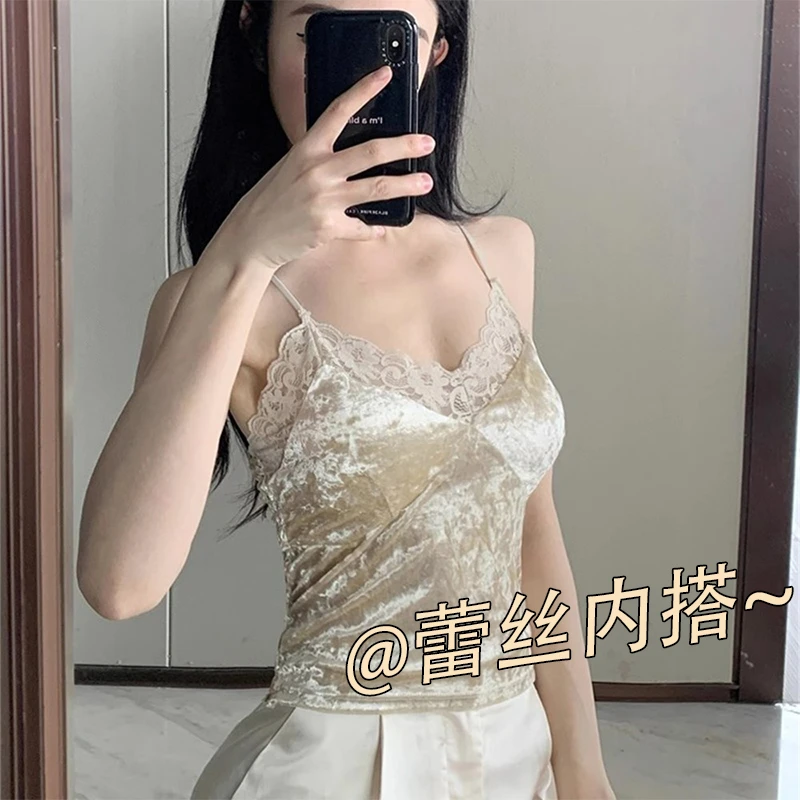 金丝绒吊带背心女款内搭带胸垫蕾丝内衣文胸一体美背打底上衣外穿