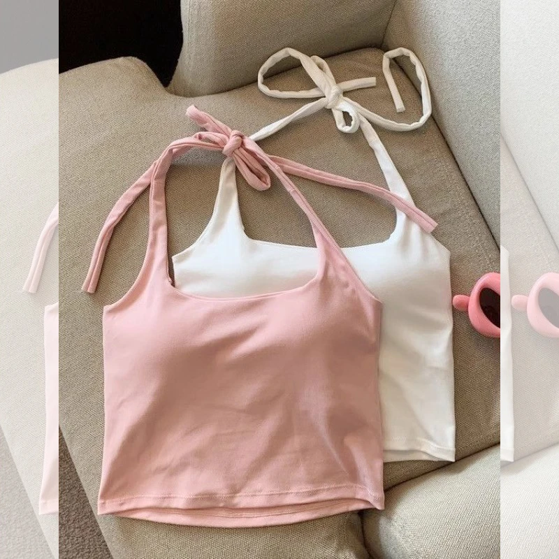 纯欲挂脖吊带背心女夏季泰式辣妹外穿带胸垫内搭无袖修身美背上衣