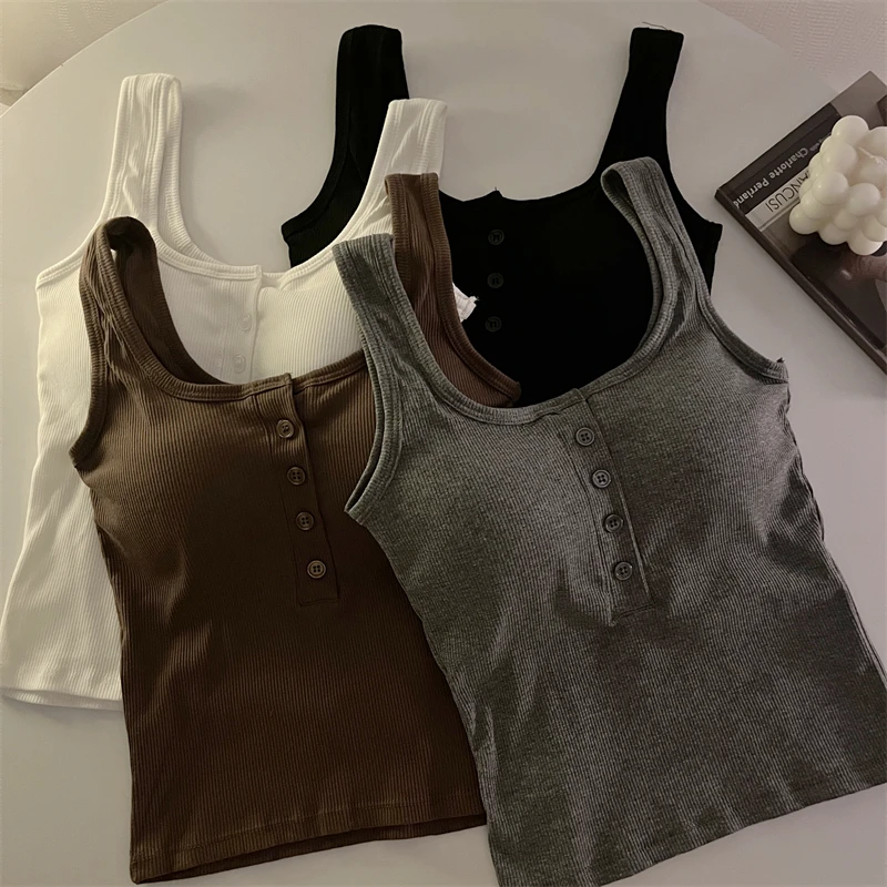 纯色带胸垫工字纽扣吊带背心女修身显瘦运动百搭内搭打底上衣外穿