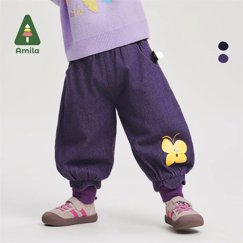 Amila啊咪啦冬季新款蝴蝶印花束脚休闲女童牛仔裤XD4NZ649