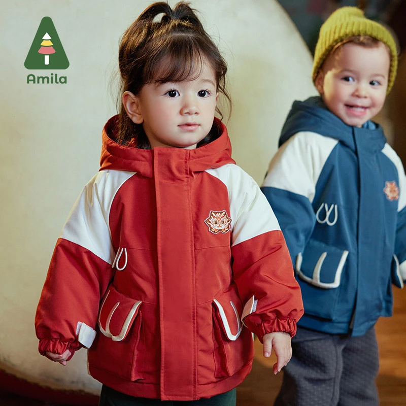 【故宫红】Amila儿童冬季新款夹棉保暖防风派克服棉服7D3WT497冬款