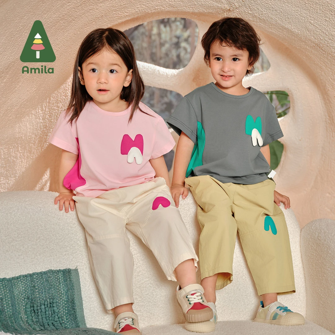 Amila啊咪啦5夏季儿童时尚裤T恤套装涂鸦九分裤套装5X4KT269