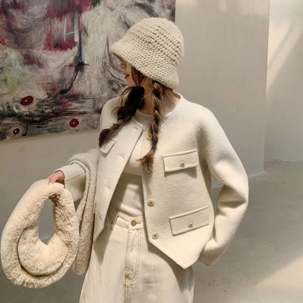 小香风短款双面呢羊毛百搭外套小个子冬季WL-小香短款毛呢短外套