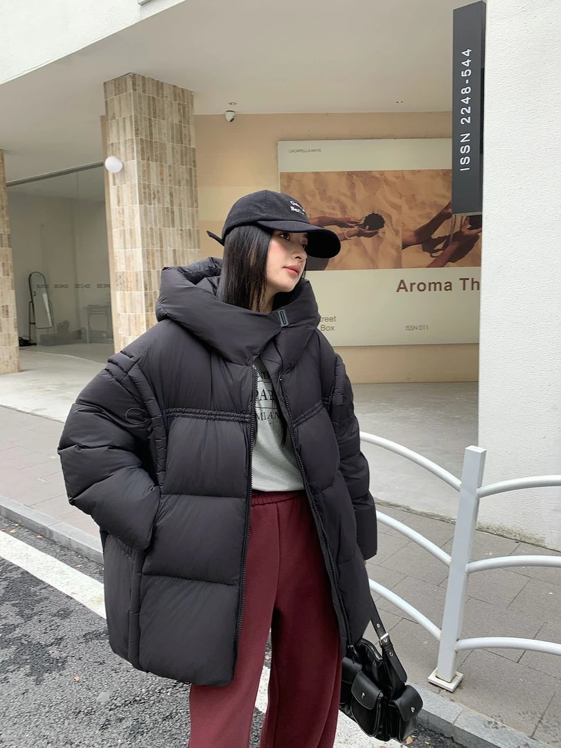 NVOEWA 冬季时尚气质极简保暖百搭韩系连帽中长款羽绒服女装2151