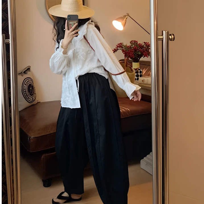 复古洗水棉休闲裤女2024夏季新款宽松文艺风休闲束脚灯笼九分裤女