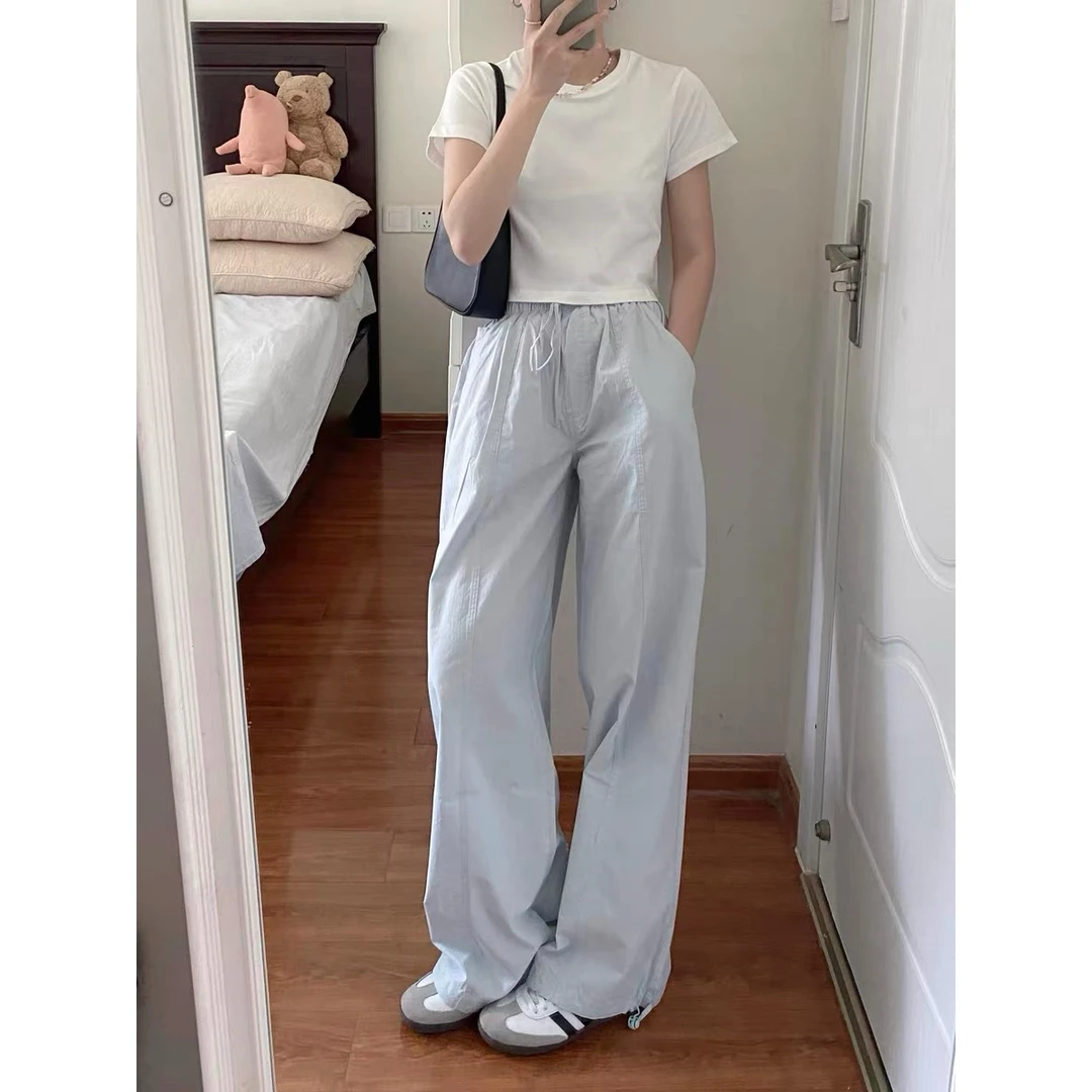 浅蓝色工装阔腿裤女夏季薄款纯色百搭抽绳休闲设计感高腰直筒长裤