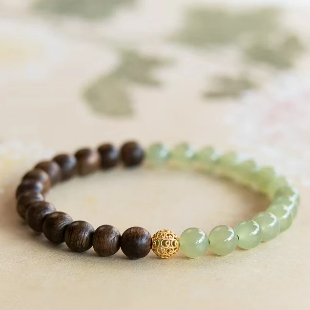 青海和田玉+文莱沉香手串 配件925银镀金6-7mm【款号：237*】