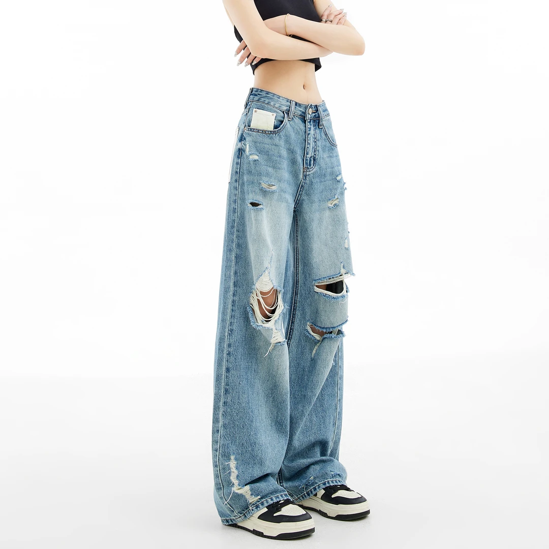 EDX美式复古破洞牛仔裤女2024新款宽松显瘦直筒休闲阔腿裤子B878