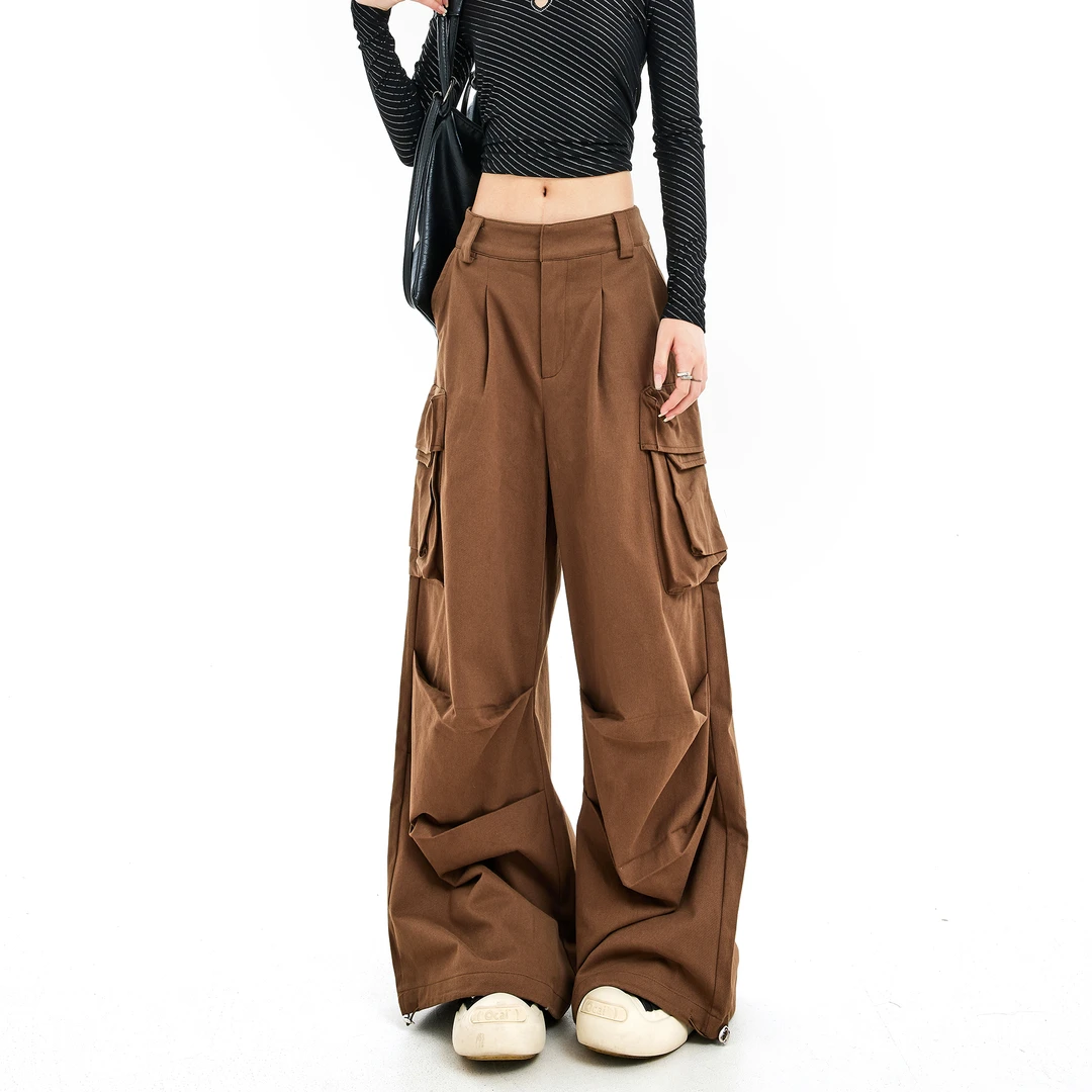 EDX美式复古工装裤女秋季新款褶皱口袋设计感小众显瘦休闲裤50126