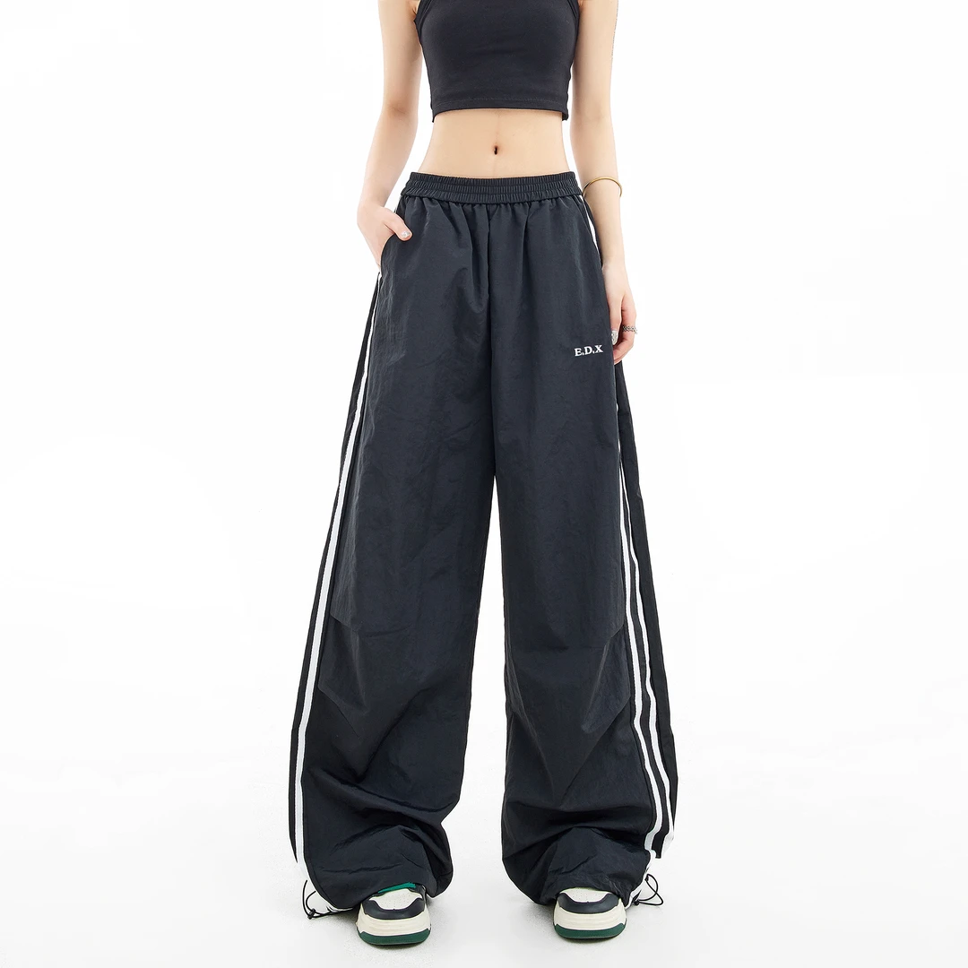 EDX美式复古条纹休闲伞兵裤女2024新款宽松显瘦阔腿工装裤子1774