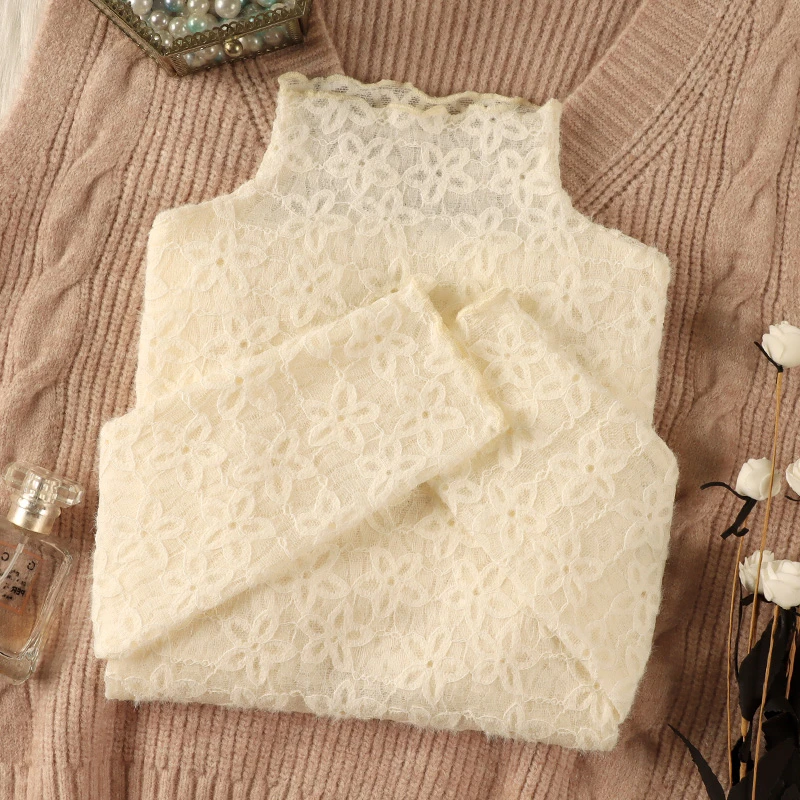 秋冬木耳边磨毛蕾丝内搭小衫女长袖2024新款半高领提花保暖打底衫