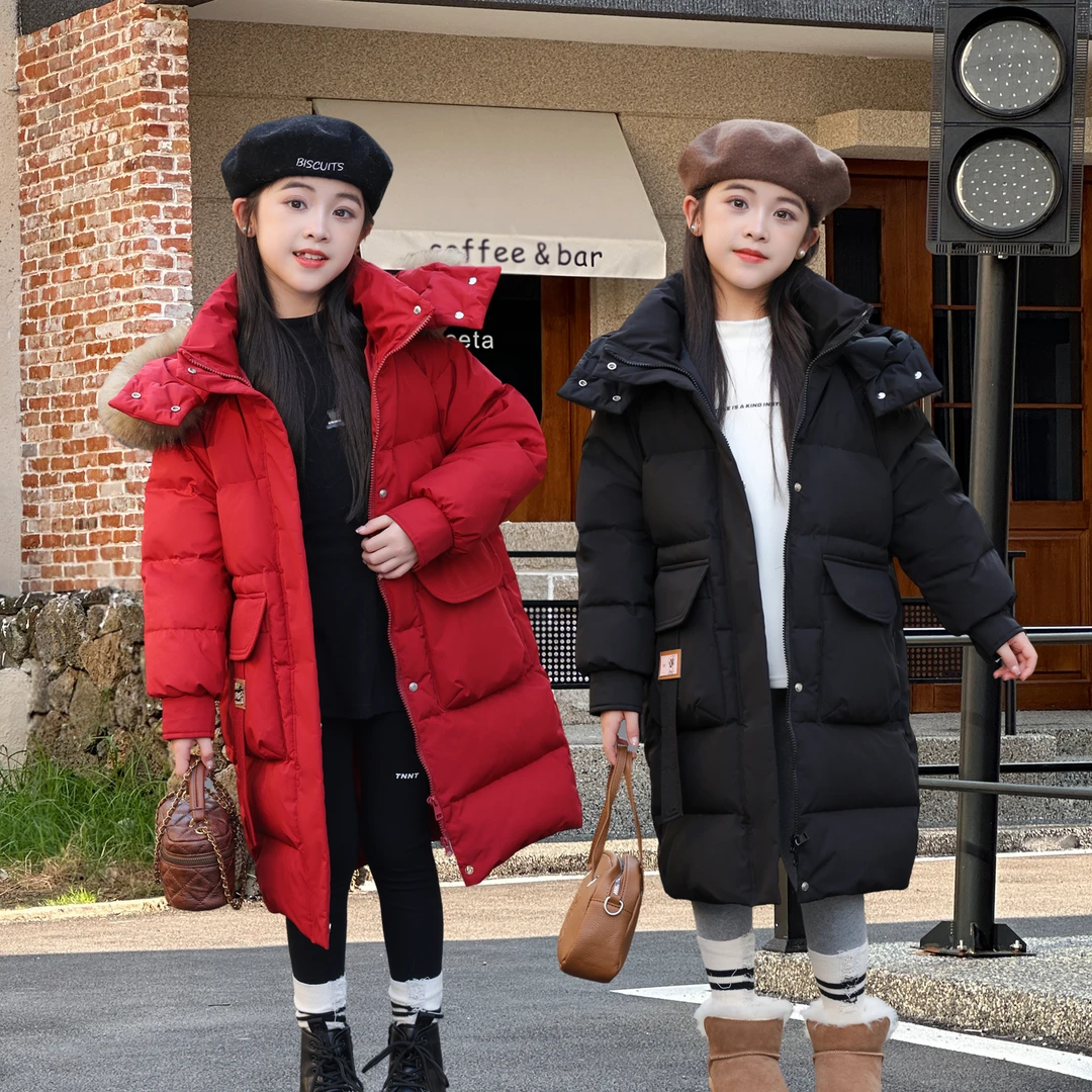 新款洋气大毛领加厚长款女童中大童韩版冬季保暖儿童过膝外套