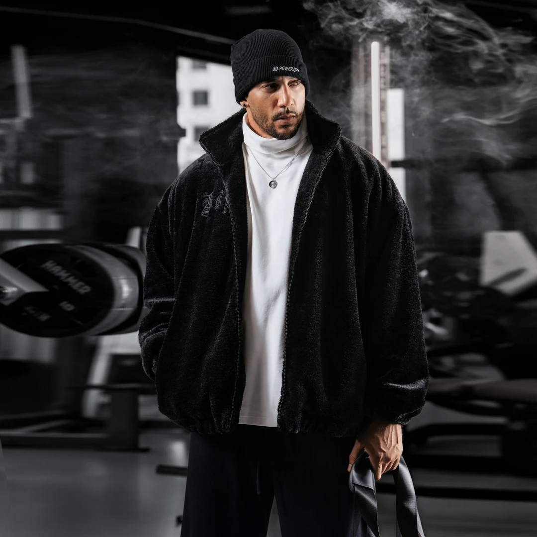 BD新款加厚棉服仿羊羔绒外套男宽松刺绣保暖立领外套男