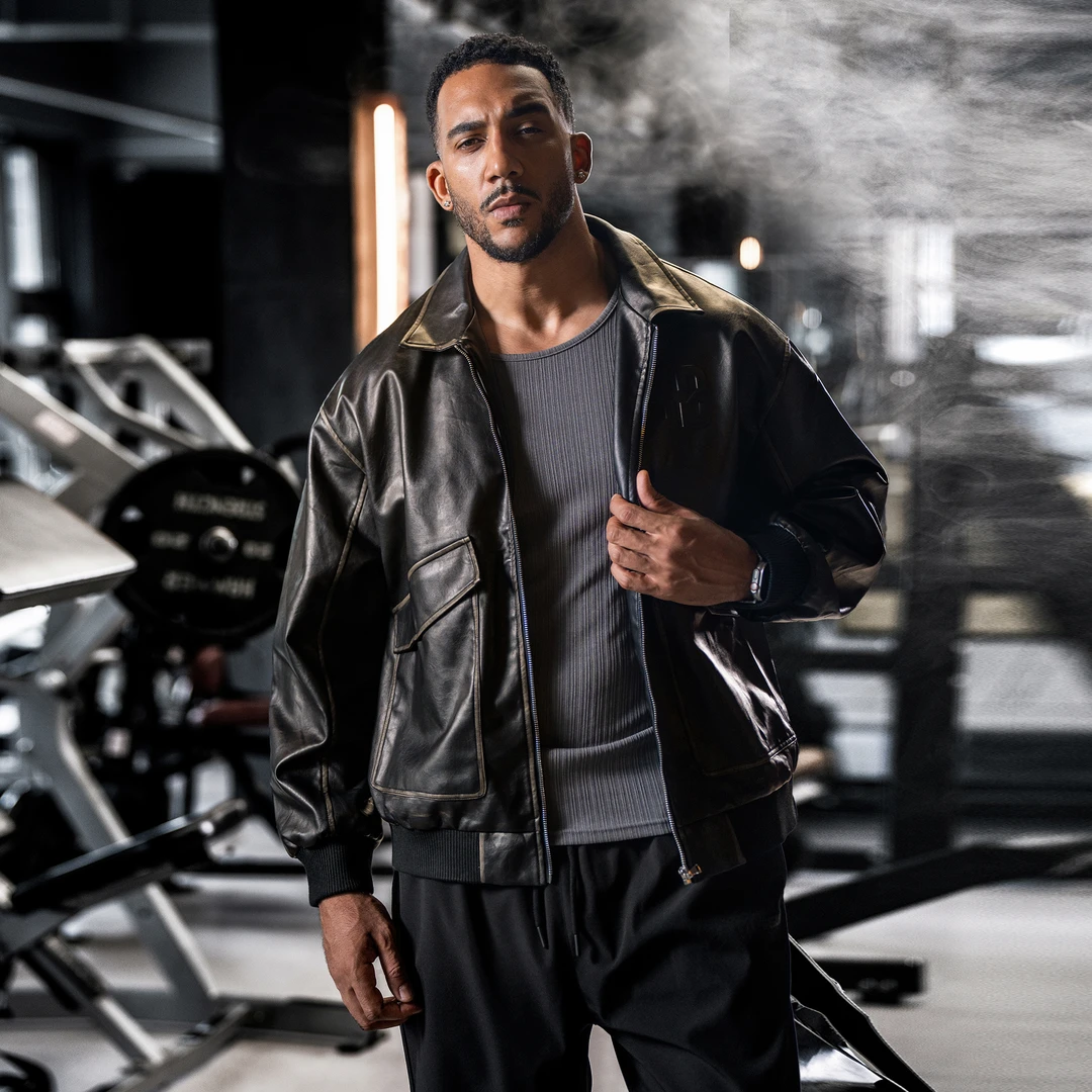 BD新款复古PU皮衣美式翻领大口袋机车夹克外套男宽松