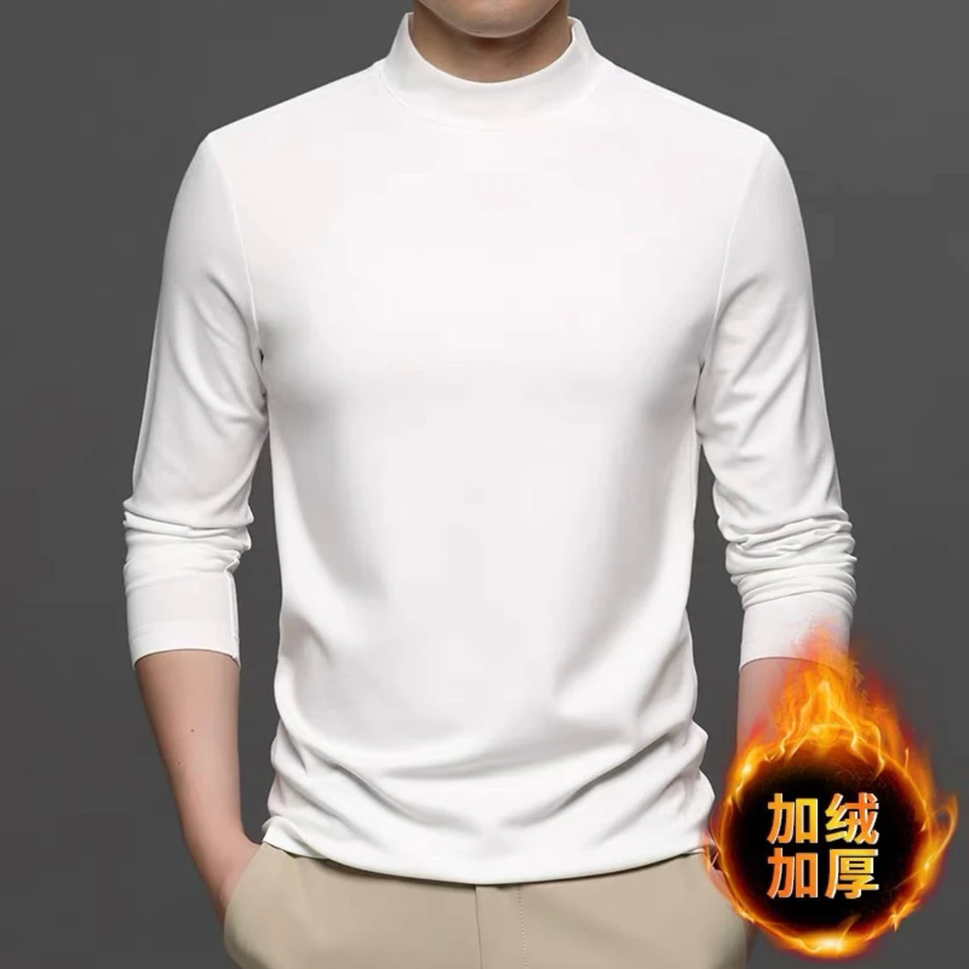 450克加绒加厚半高领打底衫男士冬季保暖加热内搭衣服中领长袖t恤