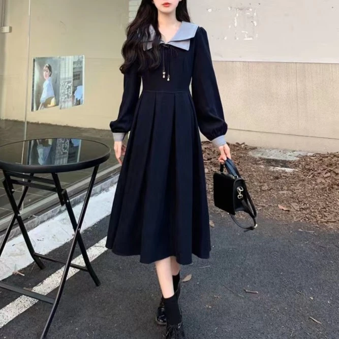 （甜兮专属）法式复古双层领学院风连衣裙秋冬季大码甜美长裙子1366