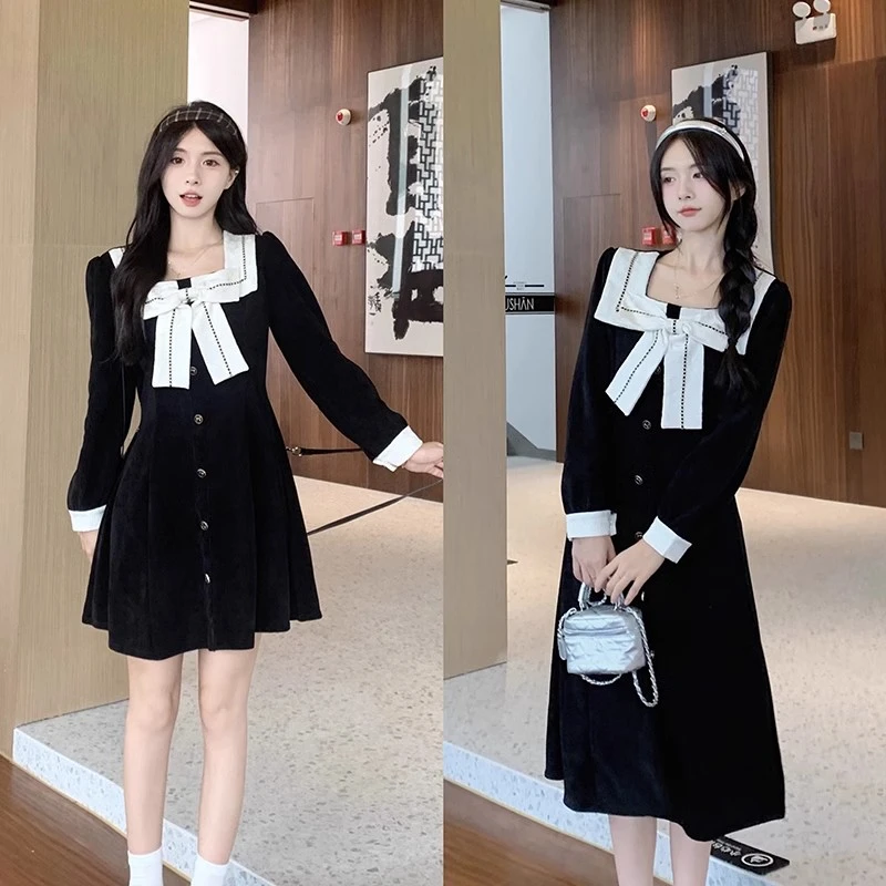 （甜兮专属）大码早秋蝴蝶结气质方领连衣裙法式优雅遮肉小黑裙1358