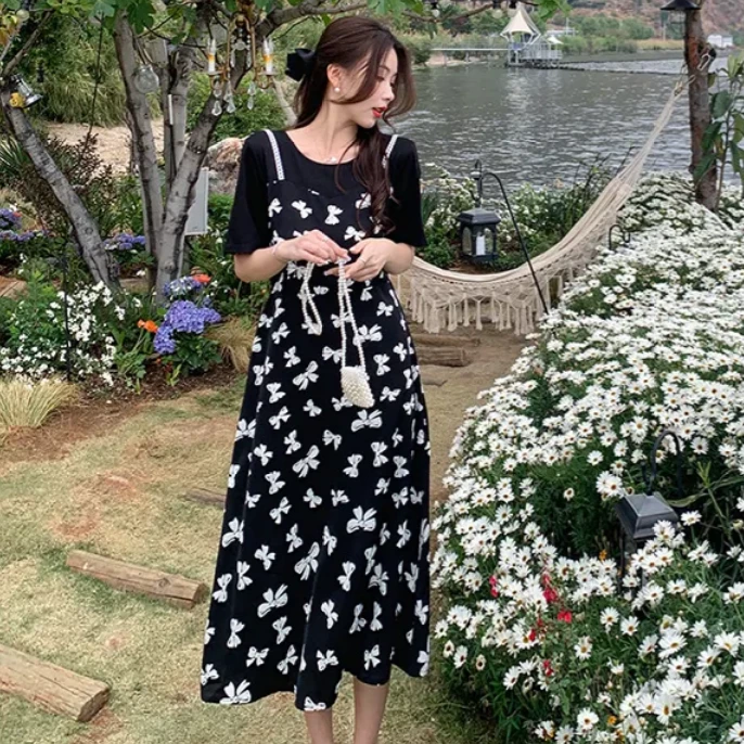 （80-200斤）大码韩版撞色蝴蝶结夏季胖mm百搭必备假两件连衣裙1545