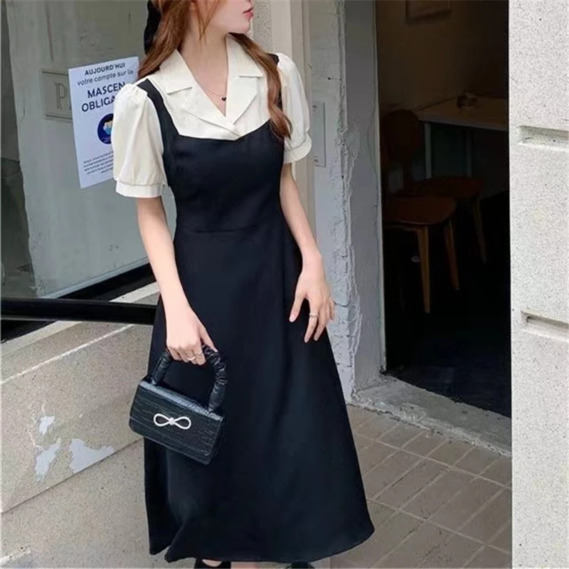 大码赫本风假两件连衣裙女夏季裙子胖妹妹遮肉显瘦中长A字裙1251