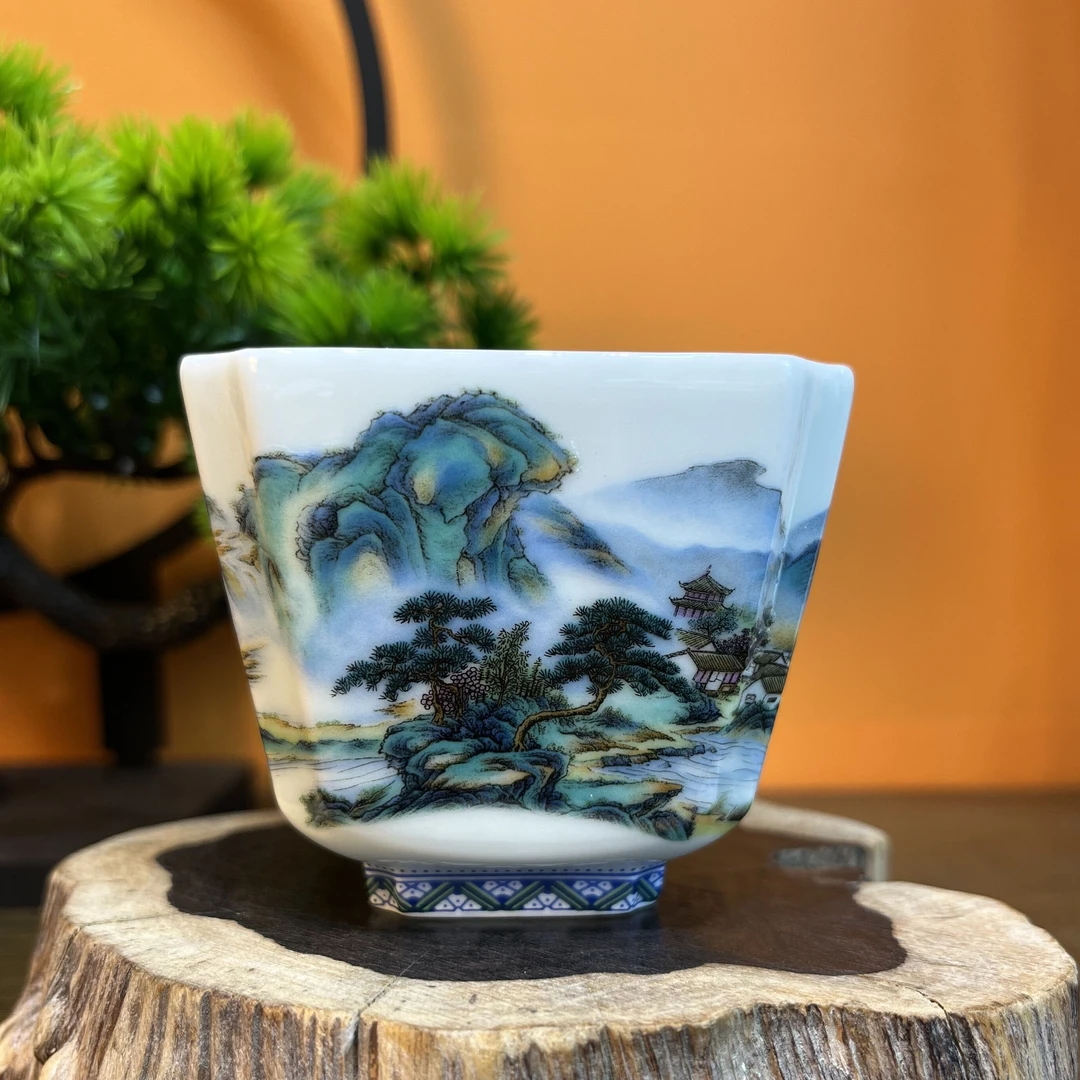 景德镇茶具粉彩青山绿水四方主人杯