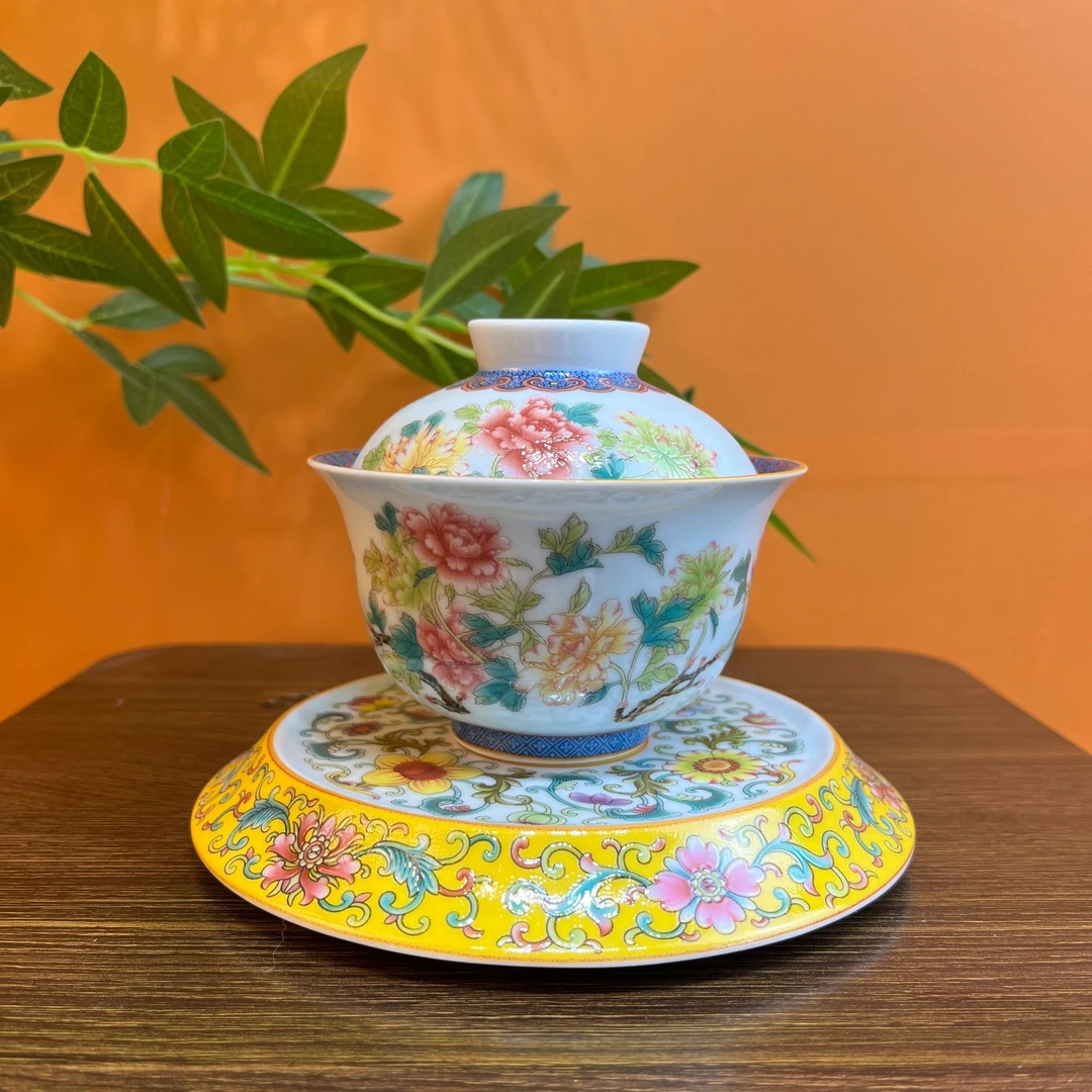 景德镇高白泥粉彩珐琅大托盘元宝牡丹花盖碗