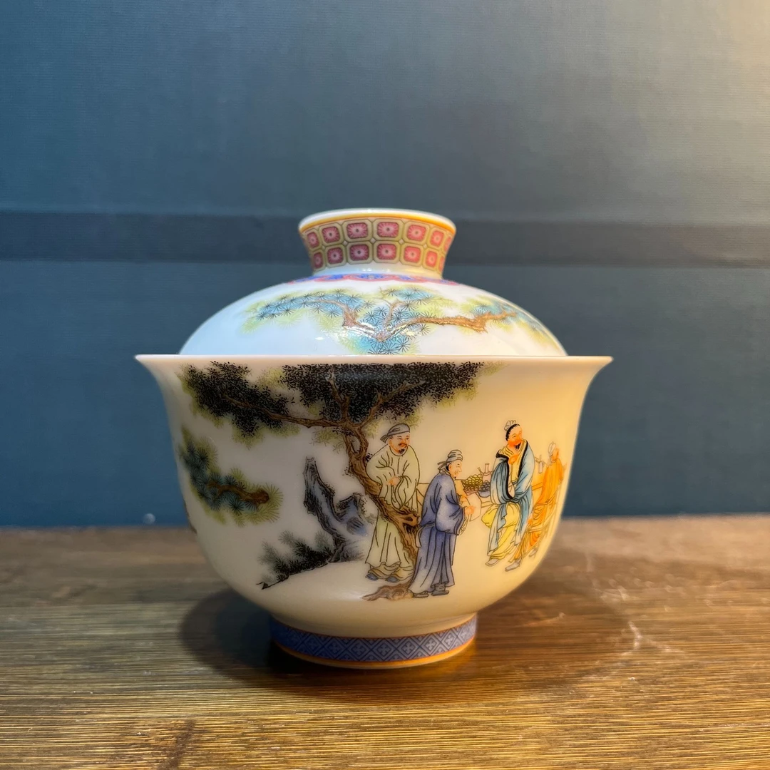 景德镇高白泥粉彩十八学士元宝两才盖碗170ML