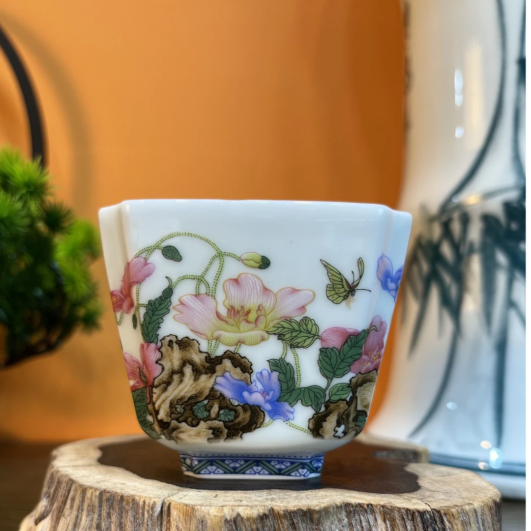 景德镇茶具粉彩虞美人四方主人杯