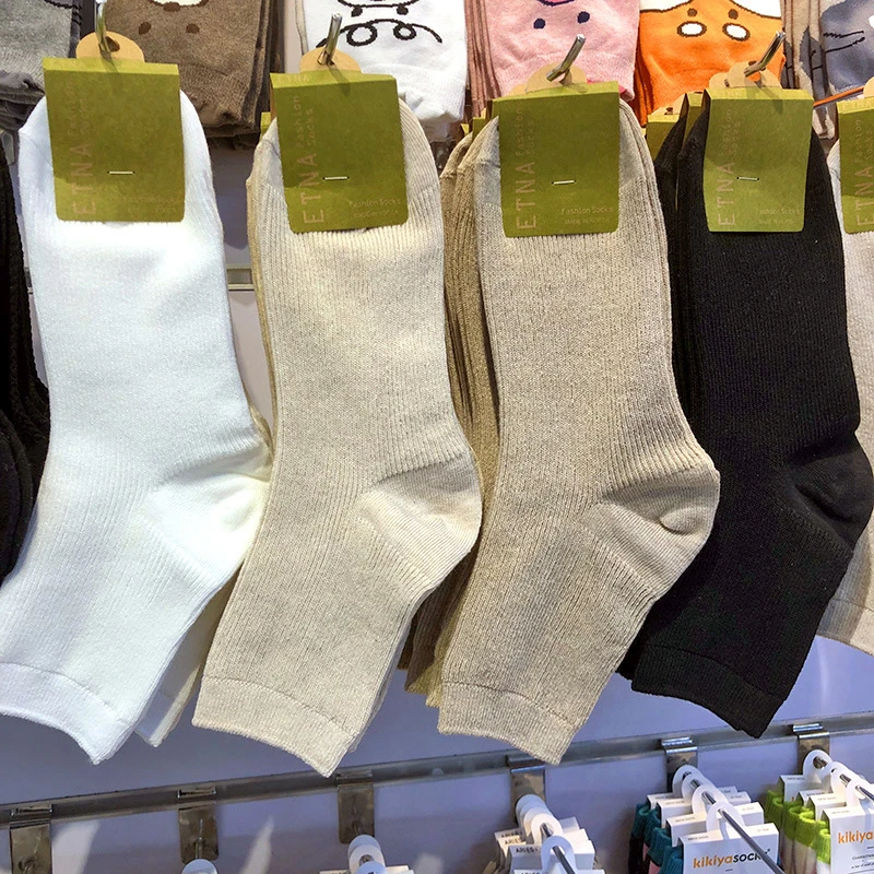 ETNA纯色袜子女中筒韩国进口春夏新款简约风小螺纹女棉袜时尚百搭