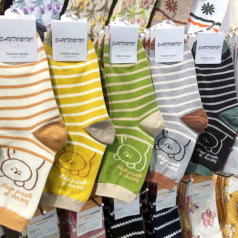 ETNA简笔画小熊可爱卡通少女袜韩国进口袜子日系动漫中筒条纹棉袜