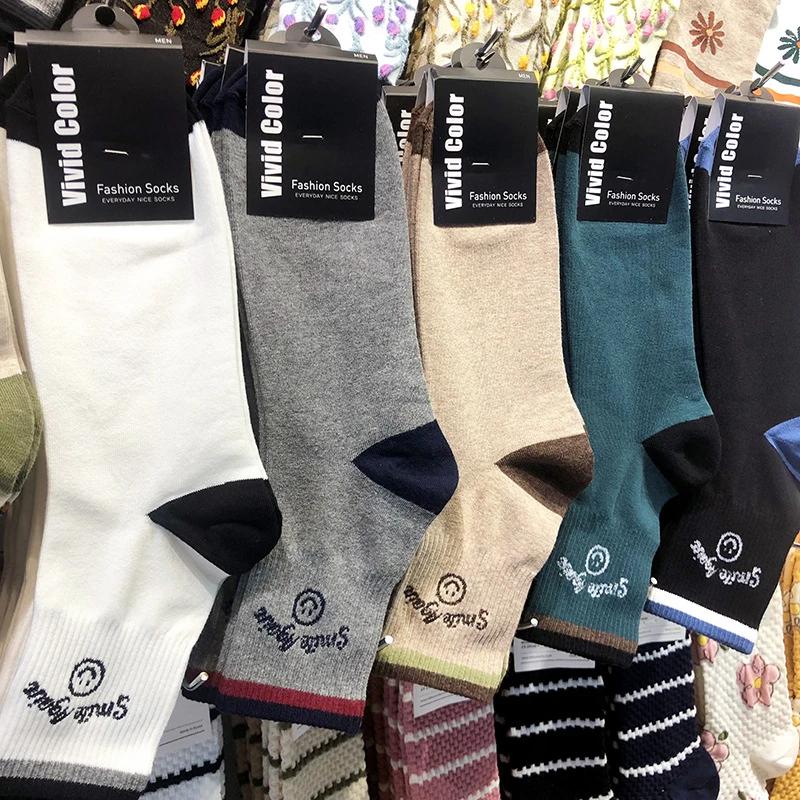 男士袜子韩国vividcolor秋冬新款拼色跟笑脸字母中筒棉袜百搭休闲