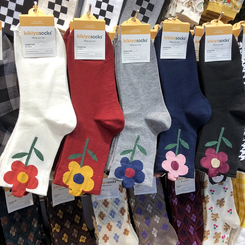 韩国东大门袜子kikiyasocks立体花朵女棉袜文艺风复古百搭中筒袜