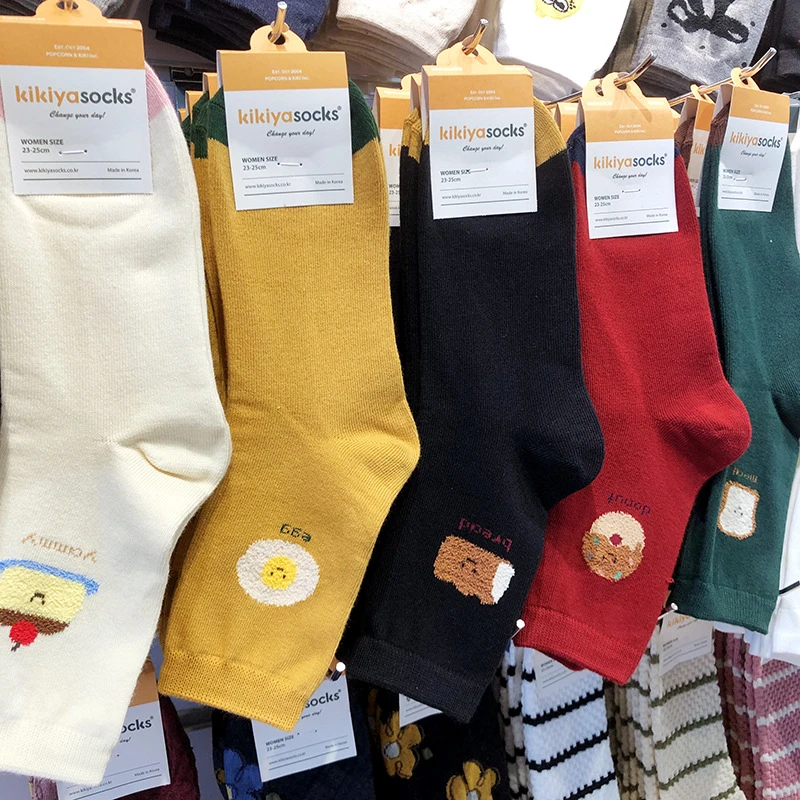 韩国进口袜子女士棉袜中筒东大门kikiyasocks日系植绒美食卡通袜